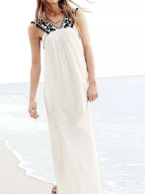 J. Crew Embroidered Pom Pom Cream Maxi Sleeveless Beach Dress Sz 6 Summer J Crew